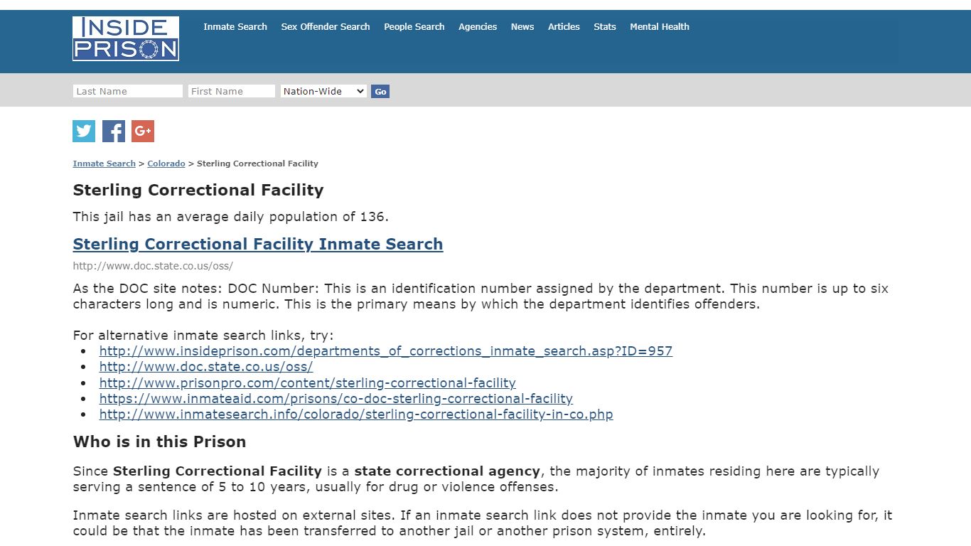 Sterling Correctional Facility - Colorado - Inmate Search